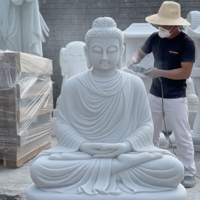 Tượng phật thích ca ngồi đá trắng nguyên khối  cao 68cm-52cm-36cm T3705