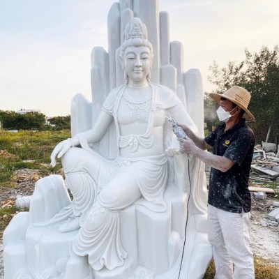 Tượng đá mỹ nghệ quan âm bồ tát tự tại bằng đá trắng nguyên khối cao 3m T3702