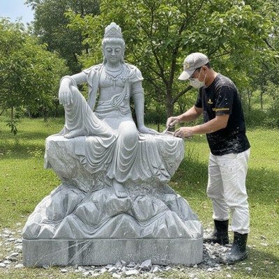 Tượng điêu khắc đá trắng nguyên khối quan âm toạ sơn cao 2m T3701