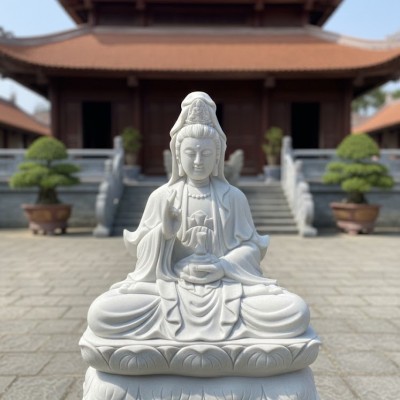 Tượng phật bà quan âm đá trắng nguyên khối cao 80cm T3693