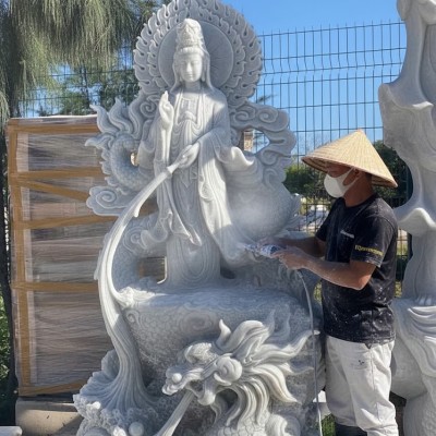 Tượng phật bà quan âm đá trắng nguyên khối cao 2m T3691