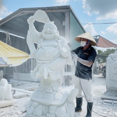 Tượng đá mỹ nghệ Phật Di Lặc cưỡi rùa bằng đá trắng nguyên khối tự nhiên cao 2.5m T3654