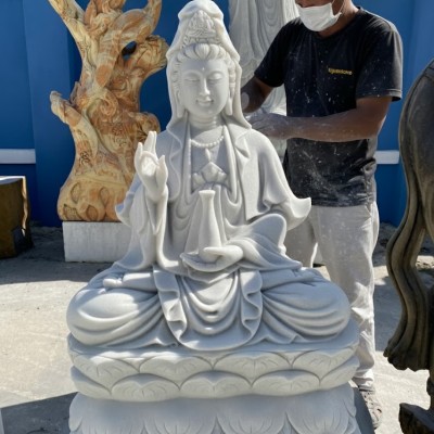 Tượng phật quan âm ngồi trên đài sen đá trắng cao 95cm ngang 70cm dài 45cm T3602