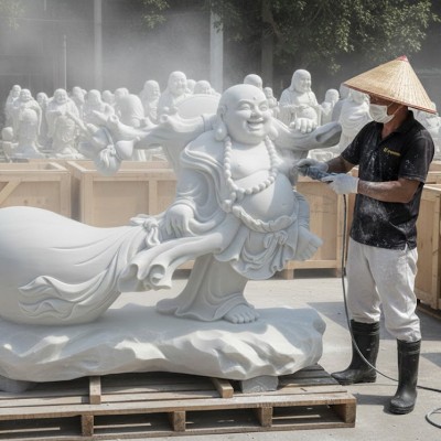 Tượng điêu khắc Phật Di Lặc vác bao tiền bằng đá trắng nguyên khối cao1.1m dài,1.2m T3653