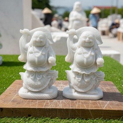 Tượng điêu khắc Phật Di Lặc cưỡi rùa bằng đá trắng nguyên khối cao 25cm T3651