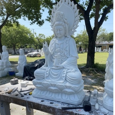 Tượng quan âm đá trắng nguyên khối cao 1M52 , ngang 60cm , dài 47cm T3218