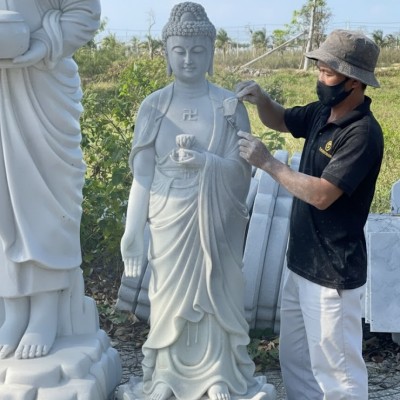 Tượng Phật Thích Ca đá trắng nguyên khối cao 1m23, ngang 30cm, dài 40cm - T3215