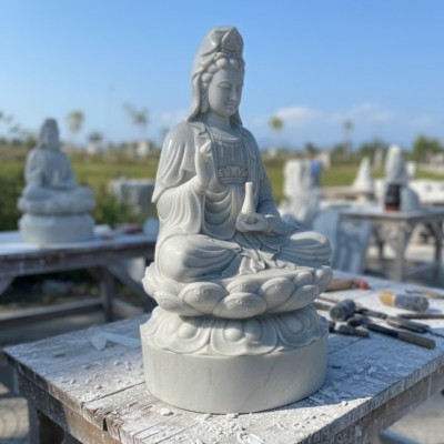 Tượng phật quan âm dáng ngồi đá trắng nguyên khối cao 90cm, ngang 45cm, dài 40cm - T3214