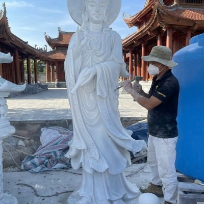 Tượng phật quan âm đá trắng nguyên khối Cao 2.5M -ngang 1M -dài 50Cm T3594