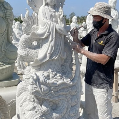 Tượng phật quan âm cưỡi rồng đá trắng nguyên khối cao 1m6, ngang 50cm - T3213