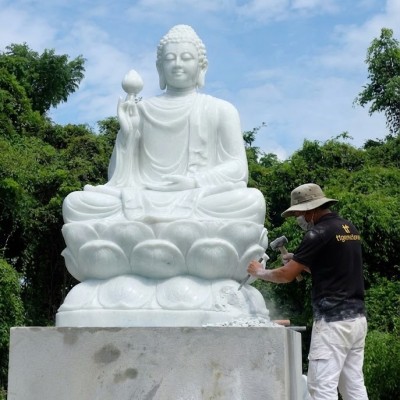 Tượng phật thích ca ngồi đá trắng nguyên khối cao 1.5m T3711