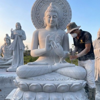 Tượng phật thích ca đá trắng xanh Cao 1.6M ngang 90Cm dài 65Cm T3575