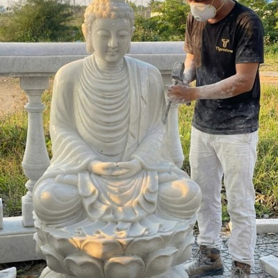 Tượng phật thích ca đá trắng Cao 1.2m ngang 60cm dài 60cm T3573