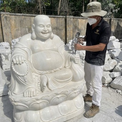 Tượng phật di lặc đá trắng nguyên khối Cao 1.6M ngang 80Cm dài 63Cm T3589