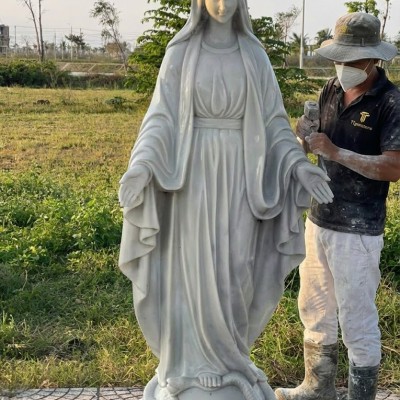 Tượng đức mẹ maria đá trắng nguyên khối cao 1.5m, ngang 60cm, dài 40cm T3568