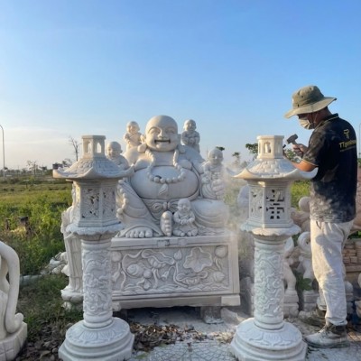 Cặp chân đèn đá trắng nguyên khối cao 1.5m, ngang mái 50cm, thân 37cm T3566