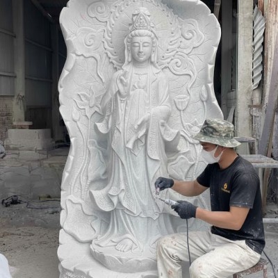 Tượng phật bà quan âm đá trắng nguyên khối cao 2m T3680