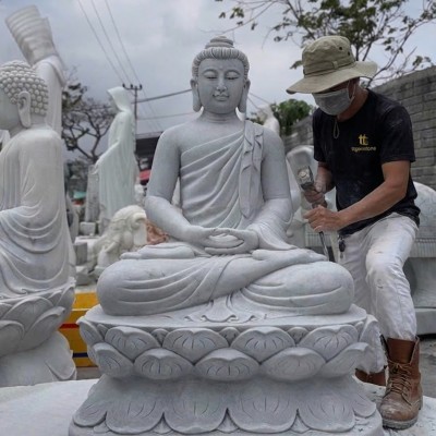 Tượng phật thích ca ngồi đá trắng nguyên khối  cao 95cm ngang 63m sâu 45cm T3709
