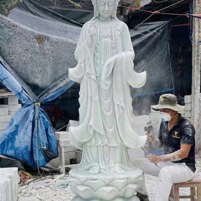 Phật quan âm tự tại đá trắng nguyên khối tự nhiên cao 3m T3666