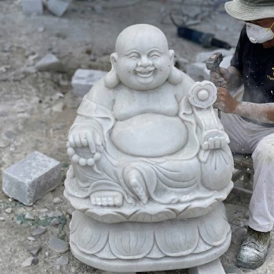 Tượng di lặc đá trắng cầm gậy như ý cao 1m T3663