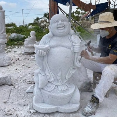 Tượng di lặc đứng đá trắng cầm thỏi vàng tài lộc cao 80cm T3662