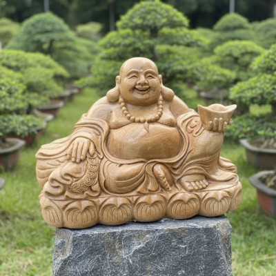 Tượng di lặc đá vân gỗ nguyên khối cao 40cm T3647