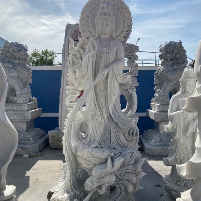 Tượng phật Quan Thế Âm Bồ tát cưỡi rồng đá trắng nguyên khối cao 2.5m ngang 90cm dài 65cm T3596