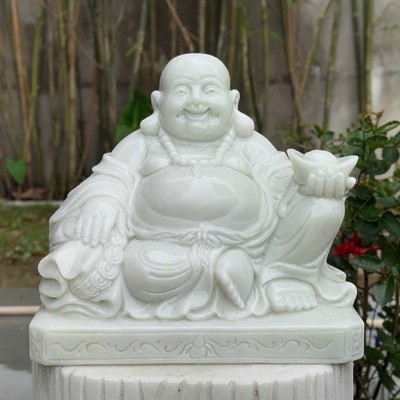 Tượng phật di lặc ngồi đá trắng nguyên khối ngang 30cm, cao 28cm, dài 18cm T3634