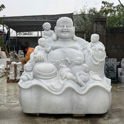 Tượng phật di lặc ngũ phúc bằng đá trắng nguyên khối cao 1.8m ngang,1.73m, 1.12m T3635