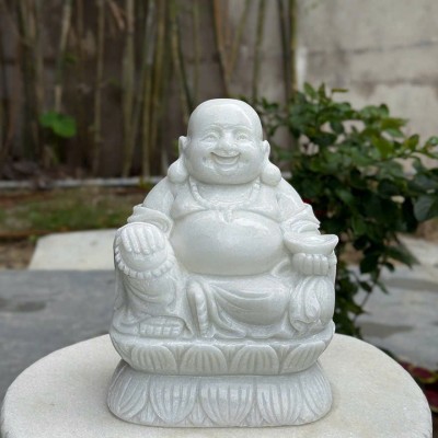 Tượng phật di lặc ngồi trên đài sen bằng đá trắng nguyên khối cao 25cm, ngang 18cm, dài 12cm  T3637