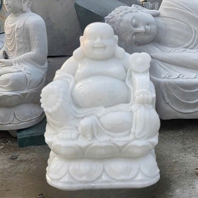 Tượng phật di lặc bằng đá trắng nguyên khối tự nhiên cao 60cm T3639