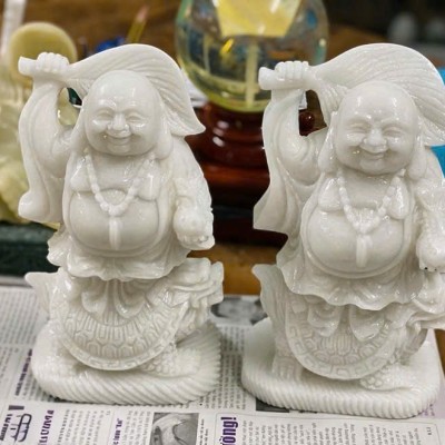Tượng điêu khắc Phật Di Lặc cưỡi rùa bằng đá trắng nguyên khối cao 25cm T3651