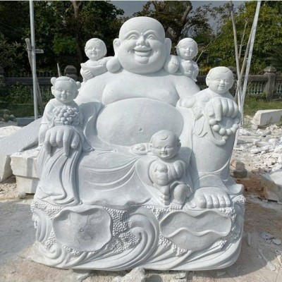 Tượng đá mỹ nghệ Phật Di Lặc ngồi cùng 5 tiểu đồng bằng đá trắng nguyên khối cao 1.55m T3652