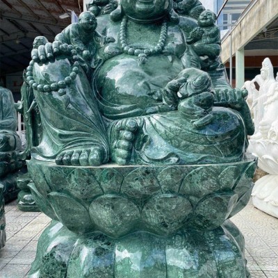 Tượng đá điêu khắc Phật Di Lặc ngồi trên tòa sen cùng các tiểu đồng bằng đá serpentine cao 2m T3655