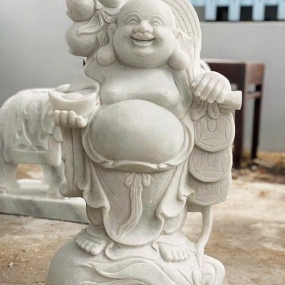 Tượng đá trắng điêu khắc tượng di lạc đứng vác cành đào cao 81cm T3658