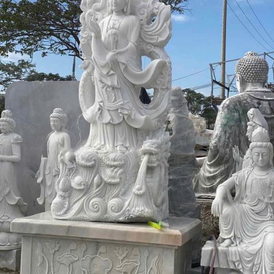 Phật quan âm đứng trên đài rồng và mây cao đá trắng nguyên khối 2m5 T3668