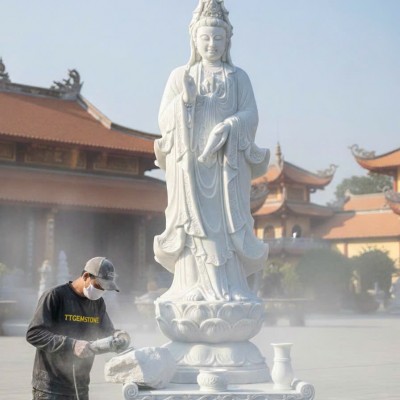 Tượng quan âm đá trắng nguyên khối cao 3.5m T3224