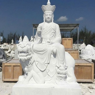 TƯỢNG ĐỊA TẠNG VƯƠNG BỒ TÁT CƯỠI ĐỀ THÍNH ĐÁ TRẮNG NGUYÊN KHỐI CAO 2M T3753