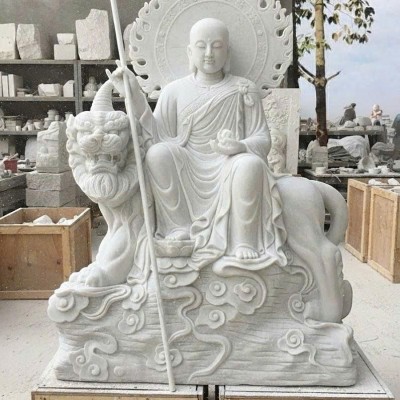 Tượng Địa Tạng Vương Bồ Tát cưỡi Đề Thính tượng đá trắng nguyên khối cao 2m T3754