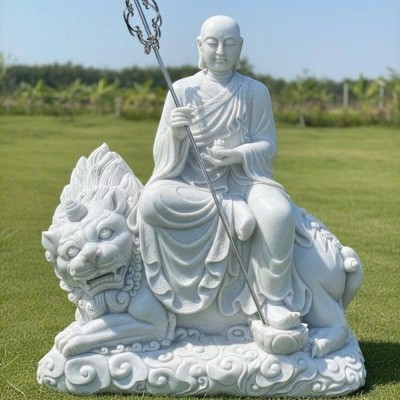 Tượng Địa Tạng Vương Bồ Tát cưỡi Đề Thính Đá Trắng Nguyên Khối Cao 1.8M T3756