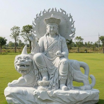 Tượng Địa Tạng Vương Bồ Tát cưỡi Đề Thính Tượng Đá Trắng Nguyên Khối Cao 1.7m T3757