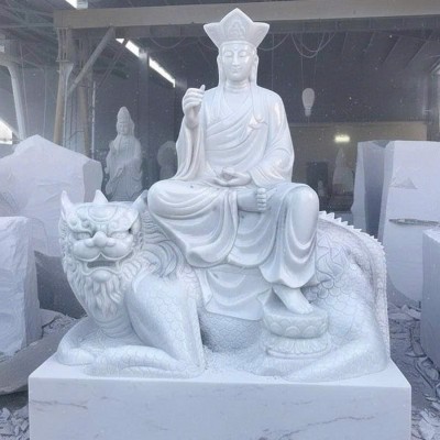 Tượng Địa Tạng Vương Bồ Tát cưỡi Đề Thính Đá Trắng Nguyên Khối Cao 2m T3758