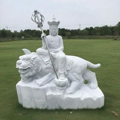 Tượng Địa Tạng Vương Bồ Tát cưỡi Đề Thính Đá Trắng Nguyên Khối Cao 1.7m T3759