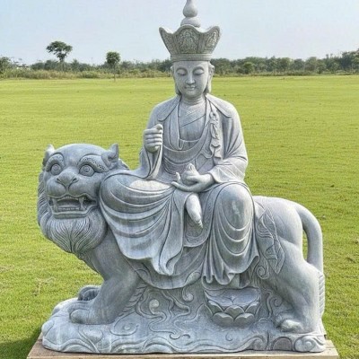 Tượng Địa Tạng Vương Bồ Tát cưỡi Đề Thính Đá Trắng Xanh Nguyên Khối Cao 2m T3761