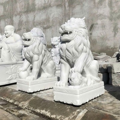 Cặp tượng sư tử đá trắng nguyên khối cao 1.2m T3796