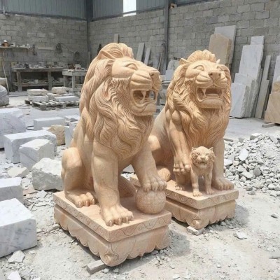 Cặp sư tử đá vân gỗ nguyên khối cao 1.2m T3800