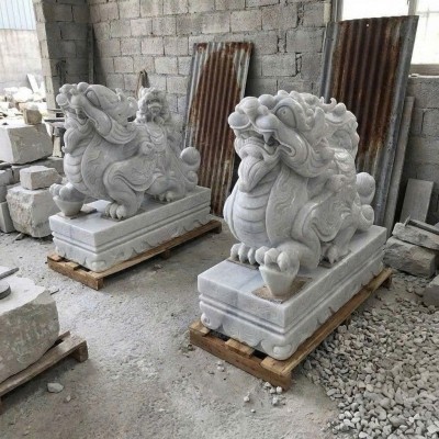 Cặp tỳ hưu nằm đá trắng nguyên khối dài 1m T3799