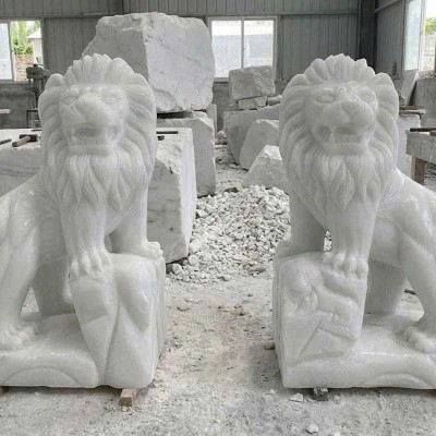 Cặp sư tử đá trắng nguyên khối cao 80cm T3801