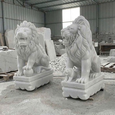 Cặp sư tử đá trắng nguyên khối cao 1m T3802