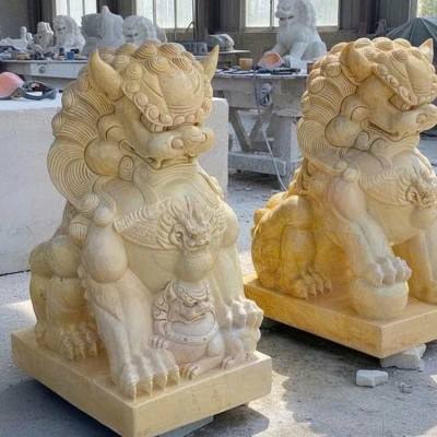 Cặp tượng kỳ lân đá vân gỗ nguyên khối tự nhiên cao 90cm T3804